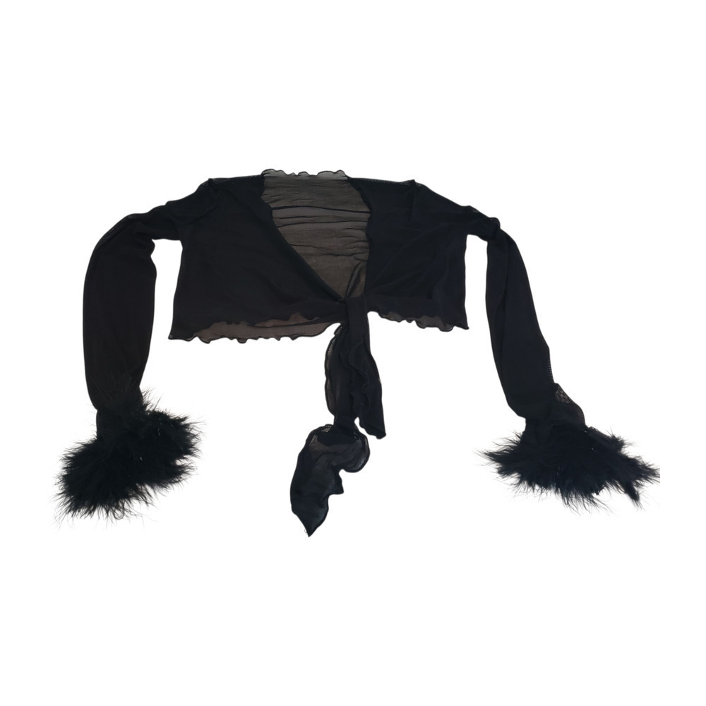 Black Sheer Tie Front Cardigan Jacket Cropped Real Feather Cuffs Tie Front sz s - Picture 10 of 16